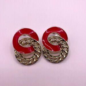 Vintage Gold Tone Red Dangle Drop Statement Earrings